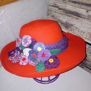 Red Wide Brim Hat Fabric Yo-Yo Flowers Buttons Garden Tea Party Costume